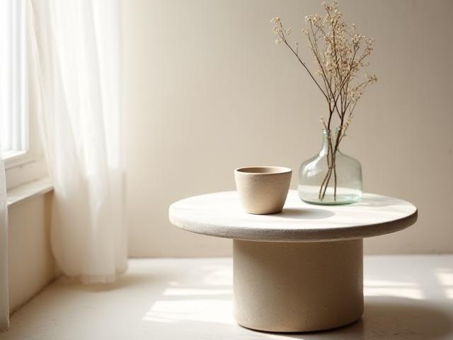 Lite ovalt sidobord i ljus kalksten