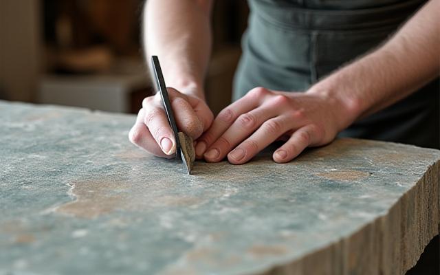 En hantverkare som noggrant arbetar med ett skräddarsytt stenbord